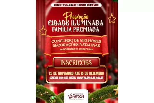 Prefeitura de Valença lança concurso de decoração natalina, com premiação total de R$35 mil.