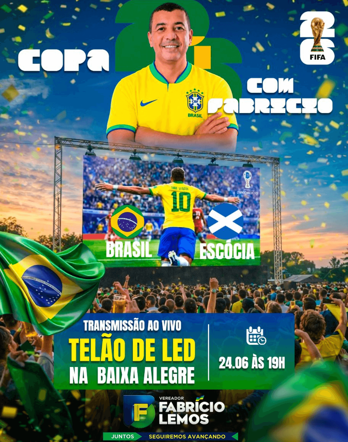 O vereador Fabrício Lemos realizará uma transmissão em telão do jogo do Brasil pela Copa do Mundo no Estância Azul, proporcionando aos moradores e torcedores um momento de lazer, confraternização e apoio à Seleção Brasileira.