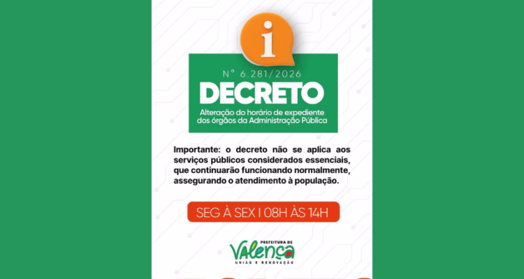Prefeitura de Valença altera horário de expediente da Administração Pública Municipal