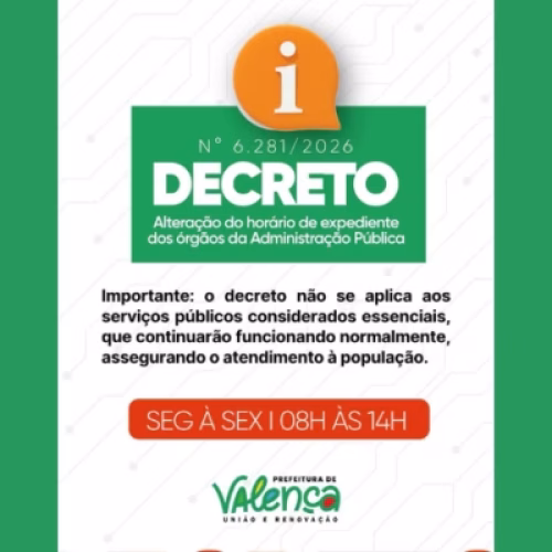 Prefeitura de Valença altera horário de expediente da Administração Pública Municipal